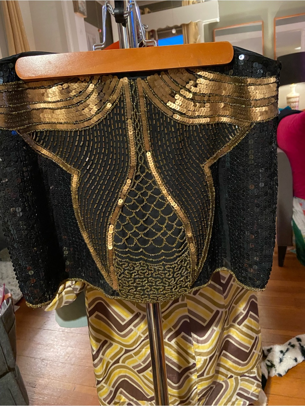 Gryphon Black Beaded Mini Skirt with Gold and Black Sequin Detail
